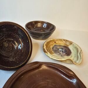 4 Trinket Dishes Small Bowls Handmade Pottery Pieces Signed Earthtones Rustic
